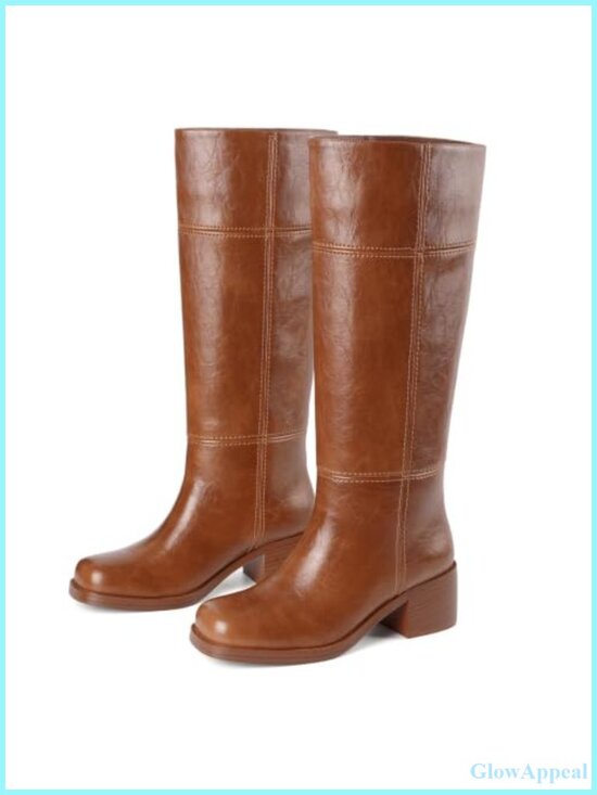 Shoes - Knee High Boots Square Toe Chunky Block Heel Faux Leather Pull On